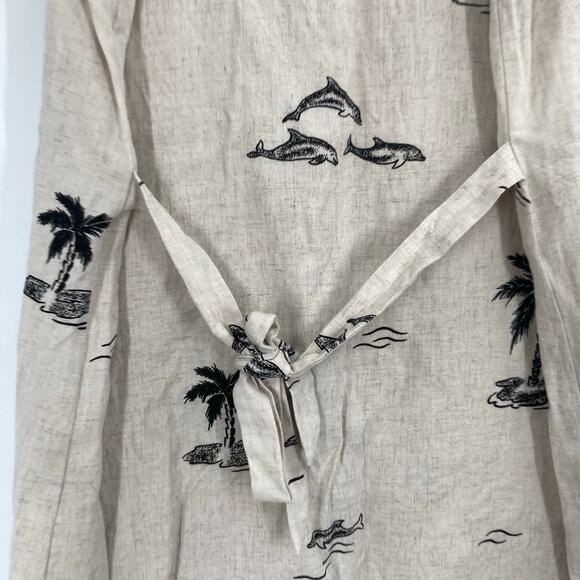 Vintage Connie Choi Beige Black Linen Maxi Dress Dolphin Boat Print Coastal SM - Picture 8 of 8